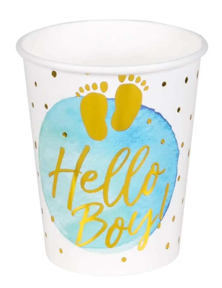 10 Pappbecher Hello Boy Blau und Gold 21 cl Baby Shower