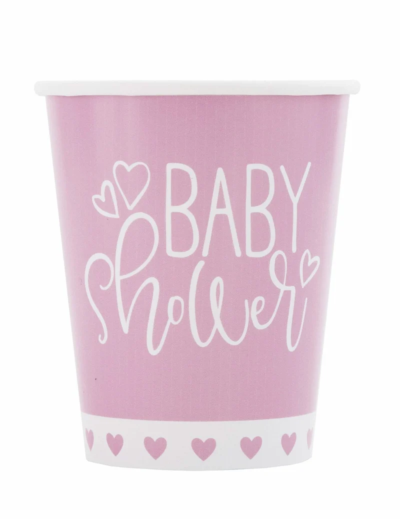 8 rosafarbene und weiße Baby-Shower-Pappbecher 266 ml mit Herzmotiven