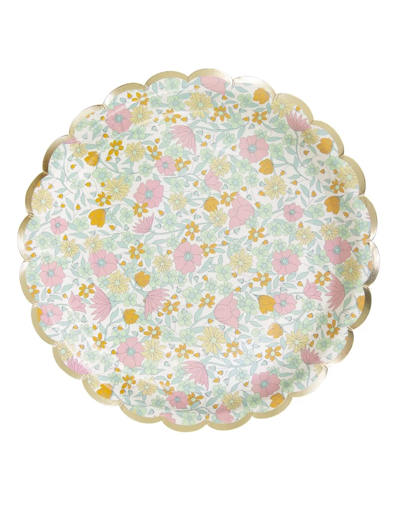 8 gewellte Pappteller, shabby gold, 23 cm, mit Blumenmuster