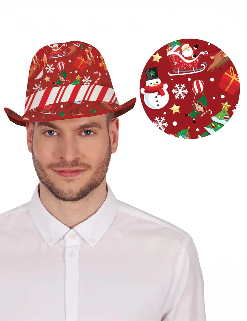 Roter Borsalino-Hut mit Weihnachtsmotiven für Erwachsene