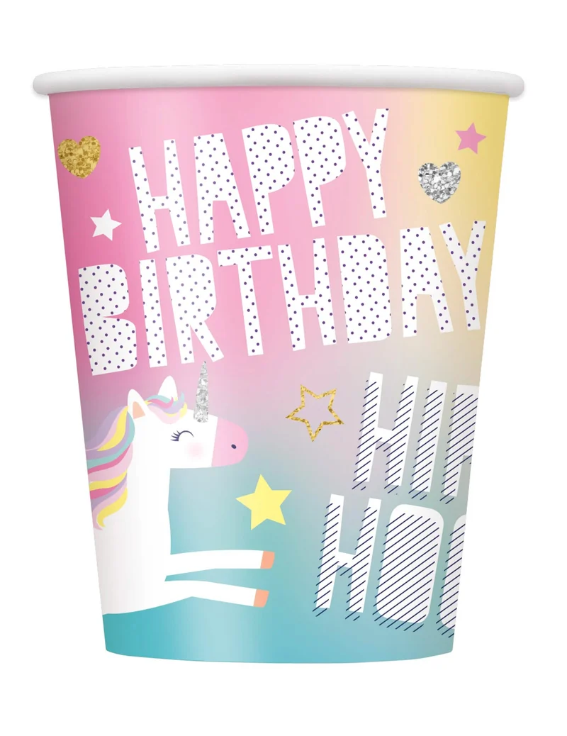 8 Pappbecher Happy Birthday Einhorn Party 270 ml für Party