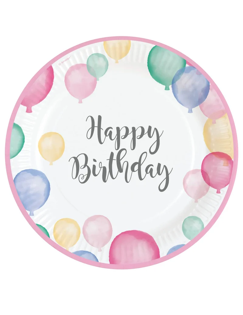 8 Pappteller Happy Birthday Pastellballons 23 cm rosa Rand
