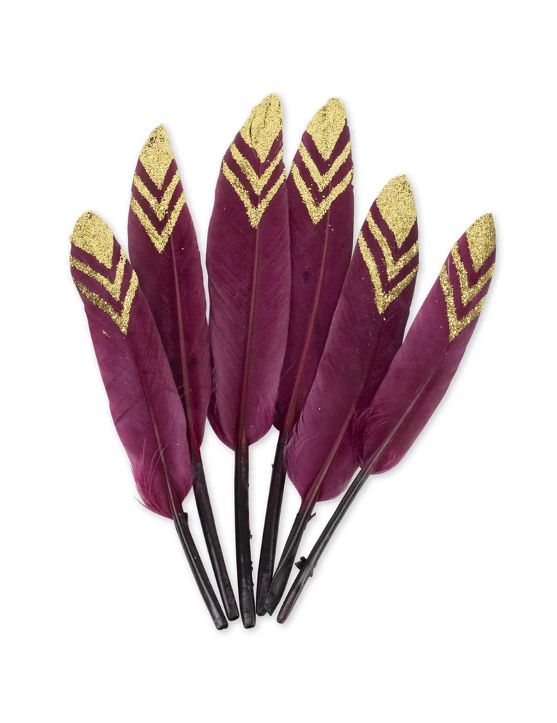 6 ethnische Marsala-Federn mit Goldglitzer 14 cm für Party-Dekoration
