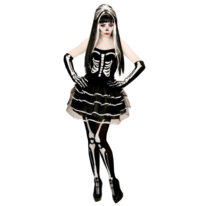 Halloween Kleid Weiß Schwarz Damen Skelett