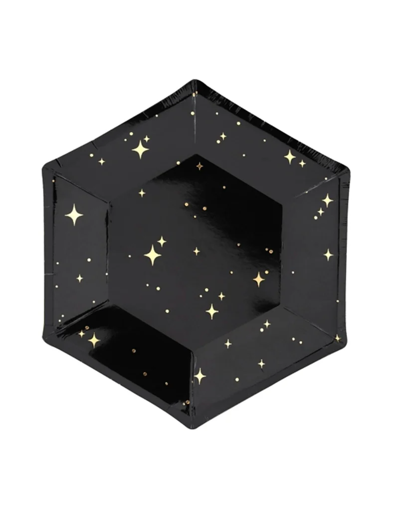 6 schwarze Pappteller mit goldenen Sternen, 20 cm, sechseckig