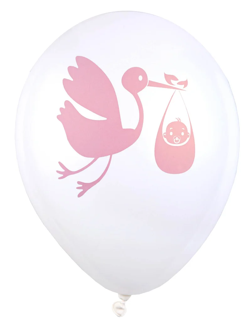 8 rosa Latex-Babypartyballons 23 cm Storchenmotiv