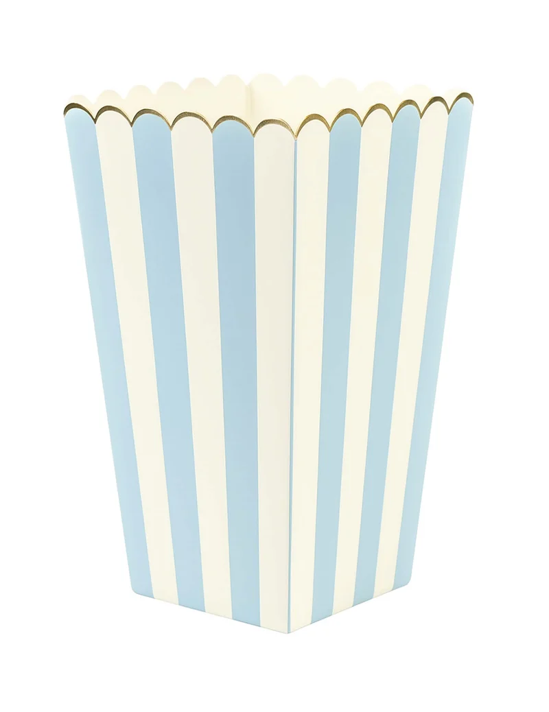 8 gestreifte Popcornboxen in Pastellblau und Gold aus Karton