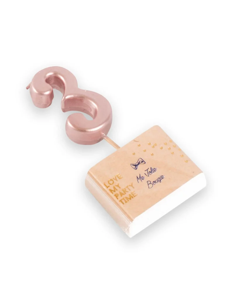 Geburtstagskerze Zahl 3 Roségold 4,3 cm metallic mit Stiel