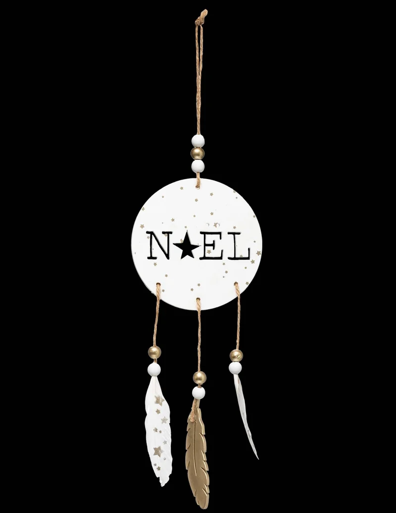 Holz-Hängedekoration Weihnachten Boho und Federn 28 cm Weiß und Gold