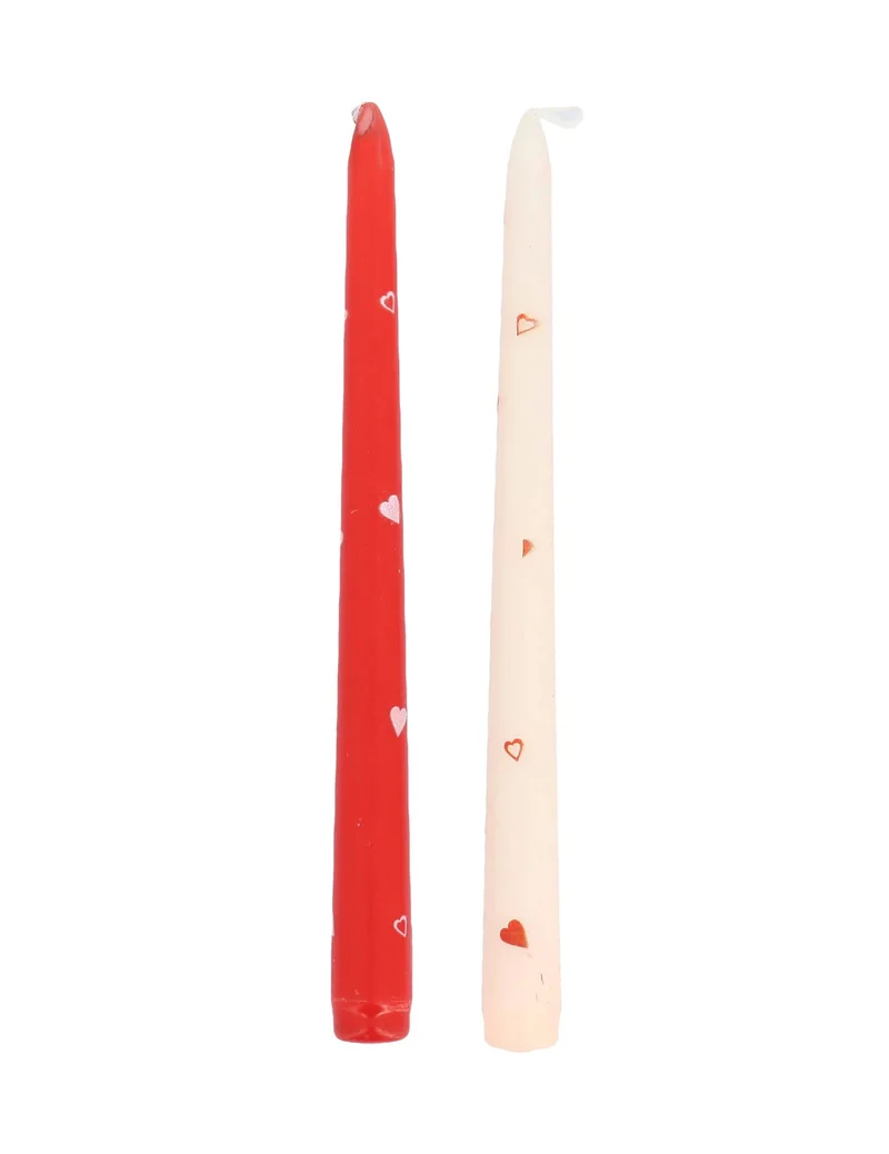 2 weiße und rote Stabkerzen mit Herzen 25 cm