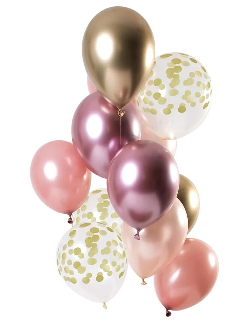 12 Latexballons Roségold und Gold 33 cm mit Konfetti