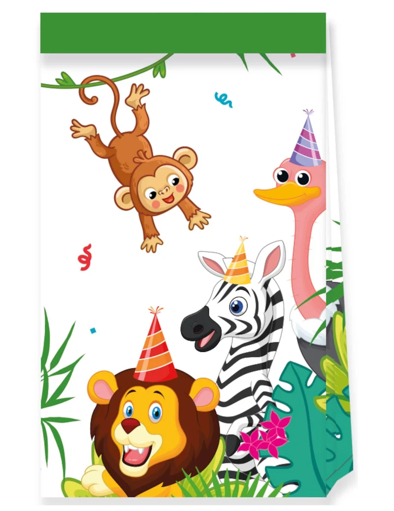 4 Dschungelballon-Papiertüten 22 x 13 cm Safari-Tiere