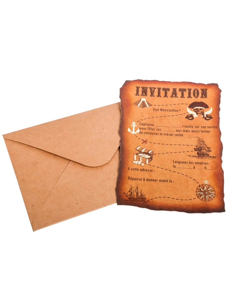 8 Einladungen mit Umschlägen Schatzkarte Pirat Kraftpapier 10 x 15 cm für Geburtstag