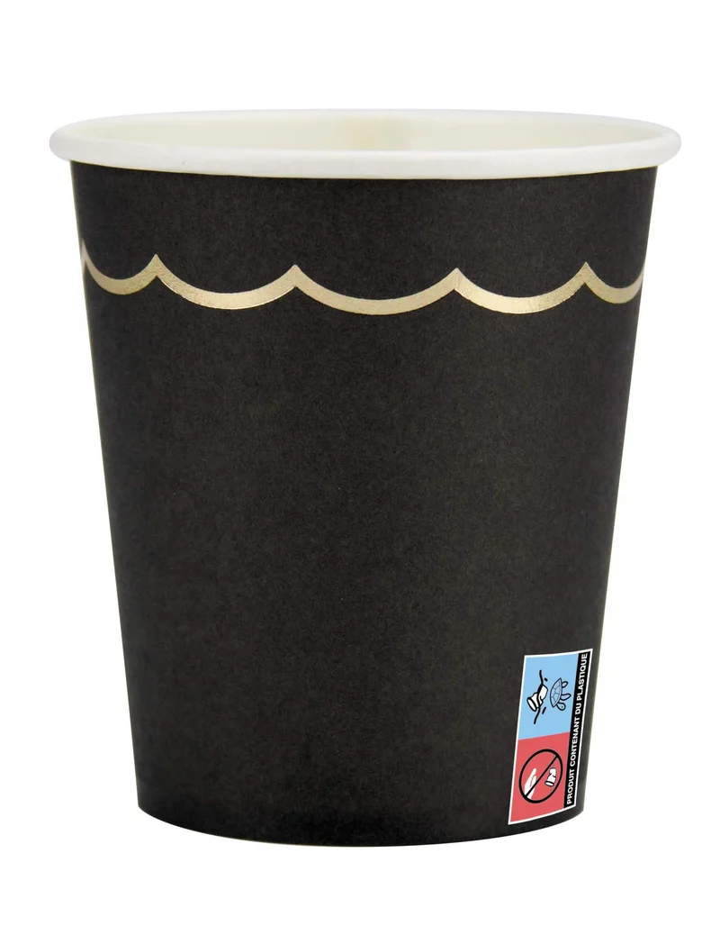 8 elegante schwarz-goldene Wellenrand-Pappbecher 200 ml