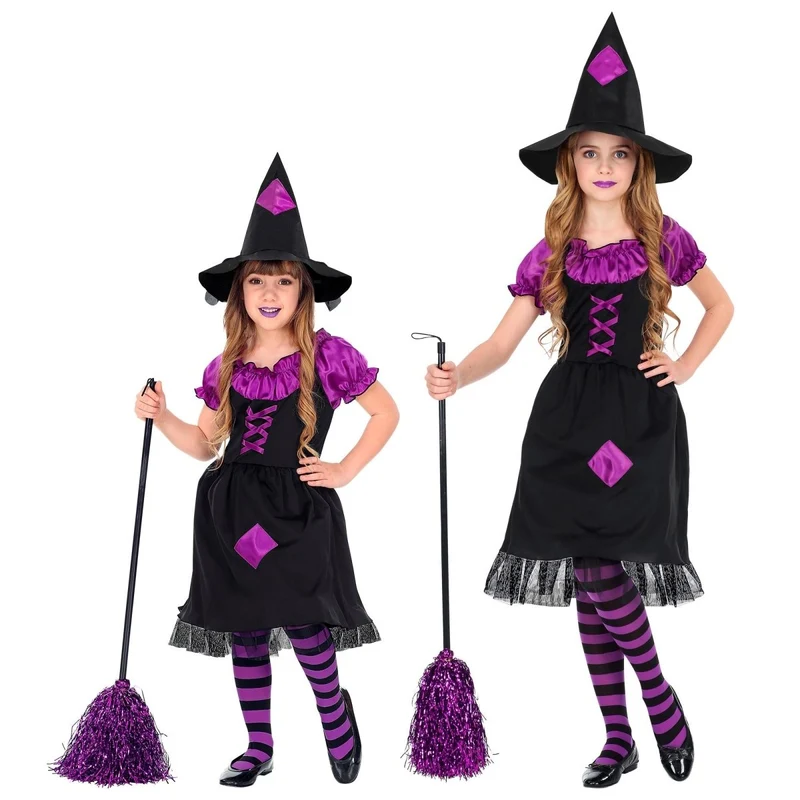 Halloween Kostüm Schwarz Lila Mädchen Hexe