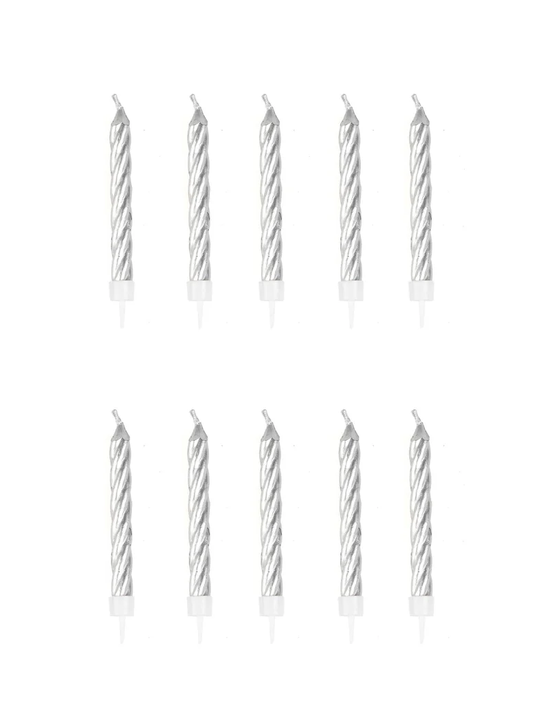 10 silberne Geburtstagskerzen 6,5 cm mit Haltern