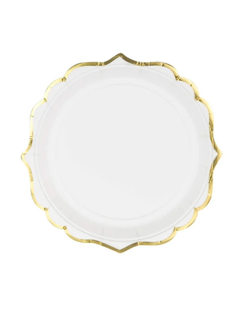 6 kleine weiße Pappteller mit ziselierter Goldumrandung 18 cm