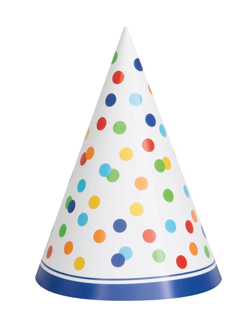 8 Geburtstagshüte Happy Birthday bunte Punkte aus Karton mit Gummiband