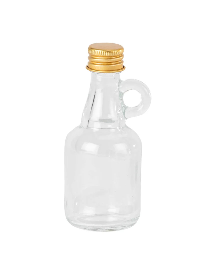 Transparente Glas-Miniaturflasche mit Henkel und goldenem Verschluss 50ml für Hochzeiten