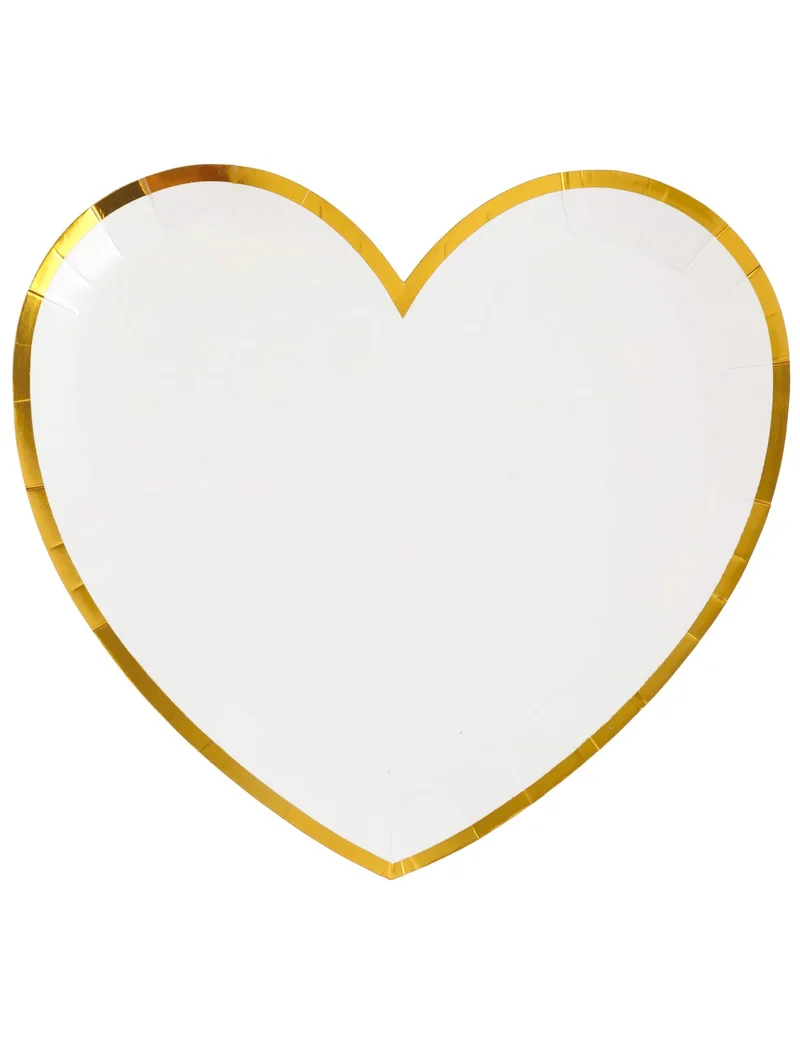 10 herzförmige Pappteller weiß und gold 22,5 x 20 cm für Taufe und Party
