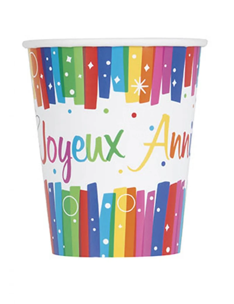 8 bunte Pappbecher "Alles Gute zum Geburtstag" 266 ml Partydeko