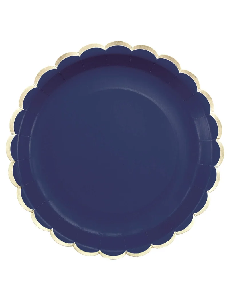 8 elegante gewellte Pappteller in Marineblau und Gold 23 cm