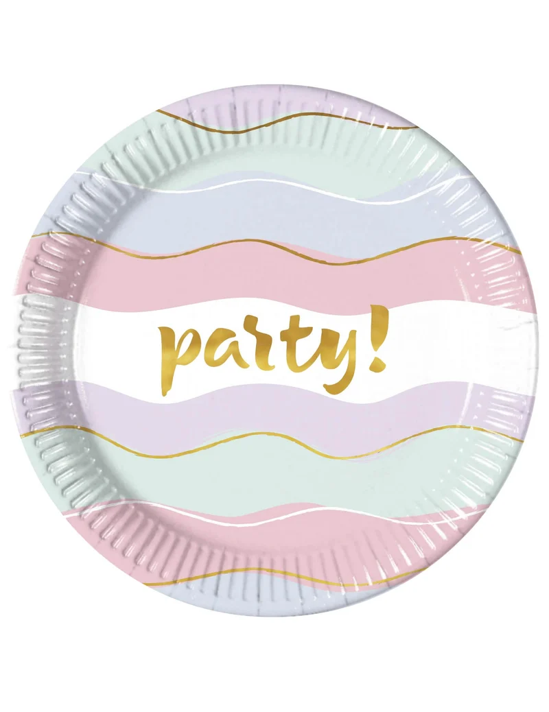 8 Pappteller Elegant Party Pastell 23 cm Goldene Wellen