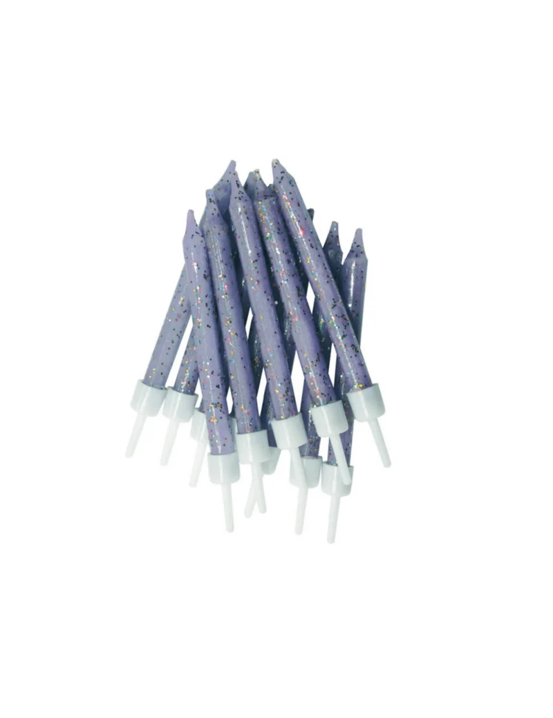 12 lila Glitzerkerzen 7,5 cm für Kuchen