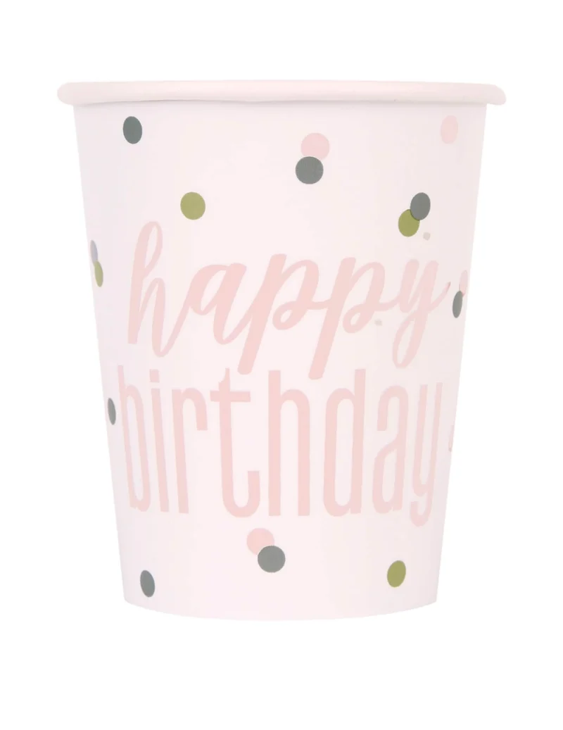 8 weiße und rosa Happy Birthday Pappbecher 266 ml mit Punkten