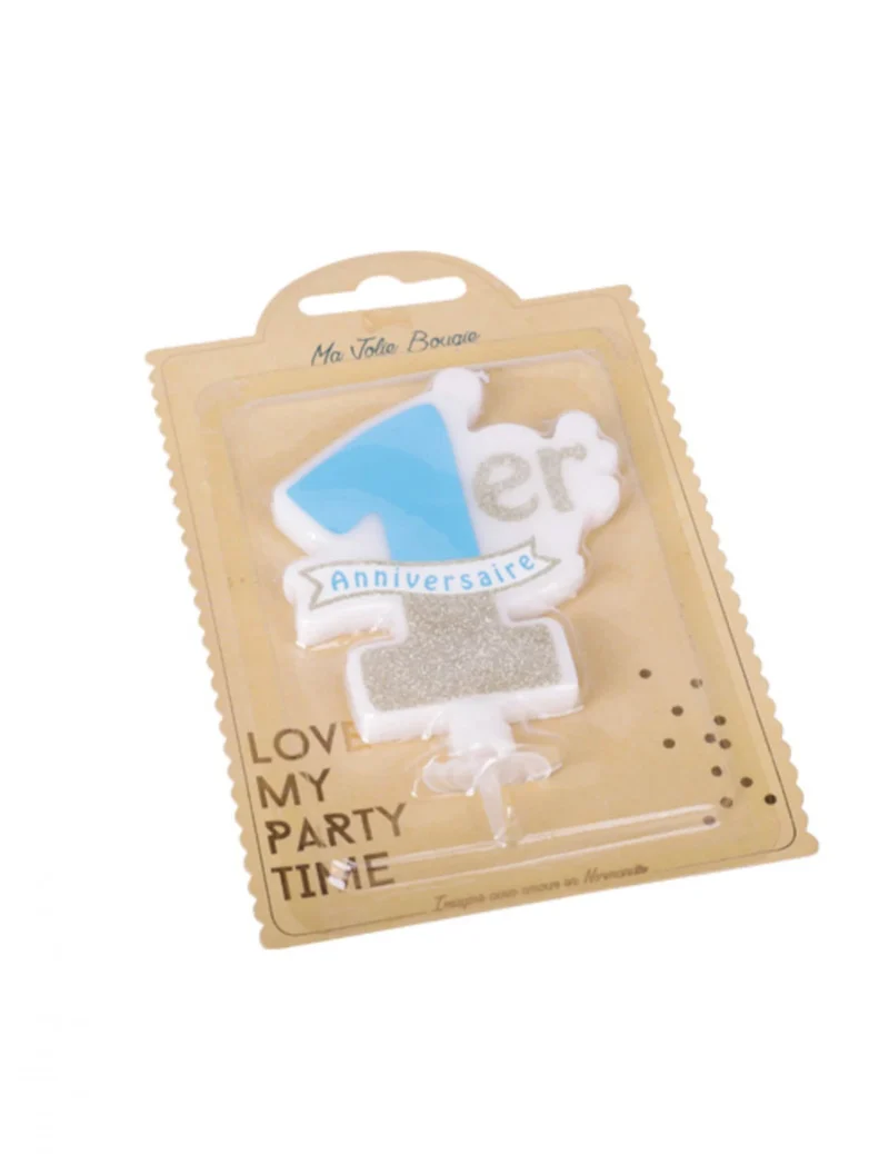 Blaue und goldene 1. Geburtstagskerze 10 x 8 cm mit Glitzer
