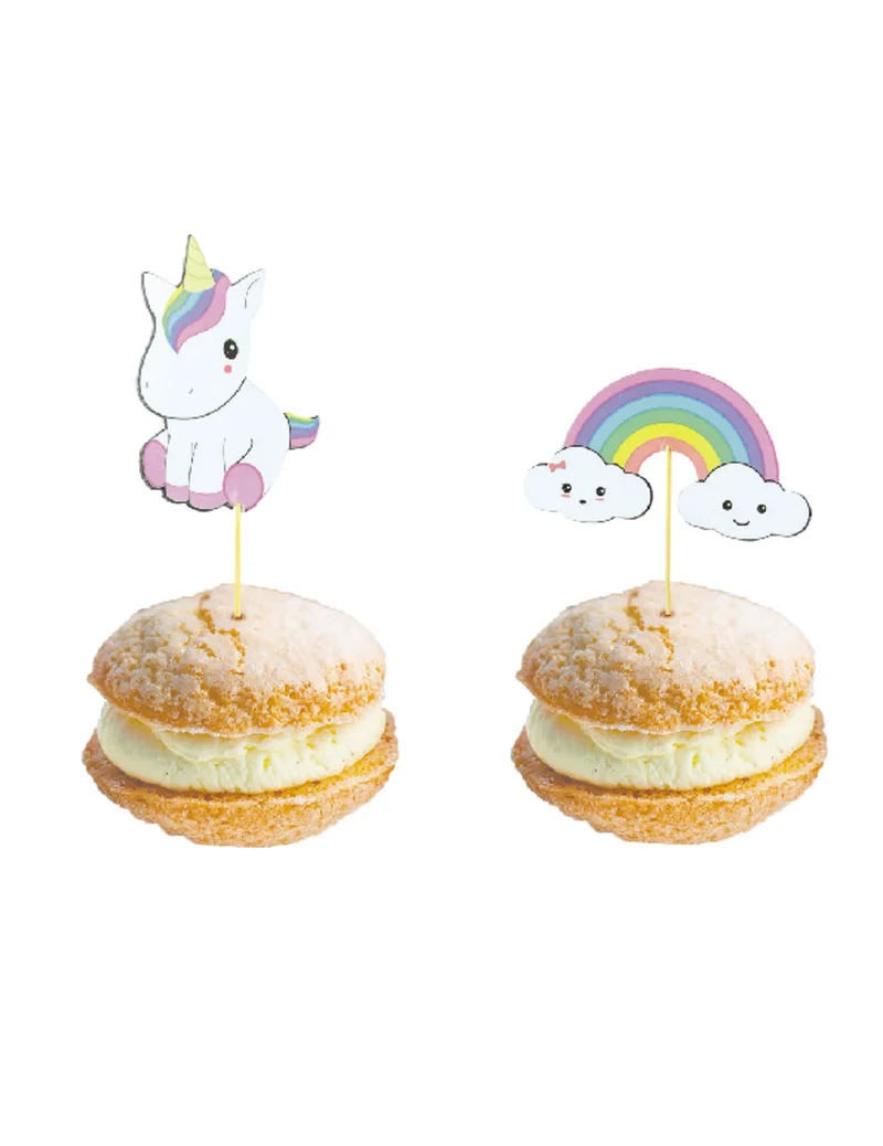 10 Holzspieße Baby-Einhorn und Regenbogen 10 cm