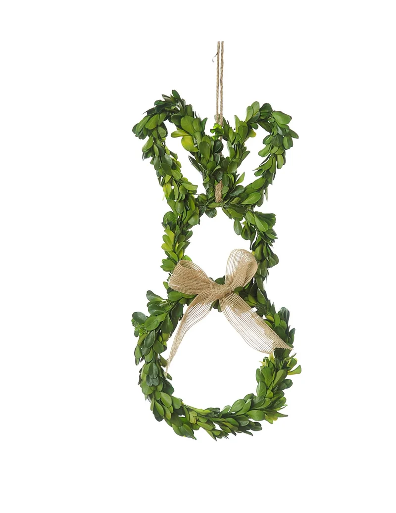 Hängende Hasen-Dekoration, 39 cm, mit grünen Blättern und Juteschleife