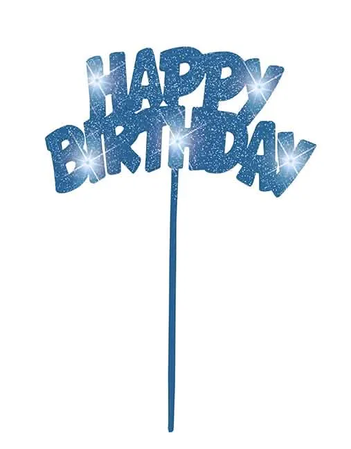Leuchtende blaue Geburtstagstorten-Deko "Happy Birthday" mit Glitzer-LEDs