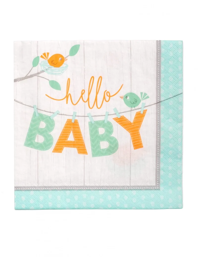 16 Papier-Servietten Hello Baby Blau Vögel Babyparty