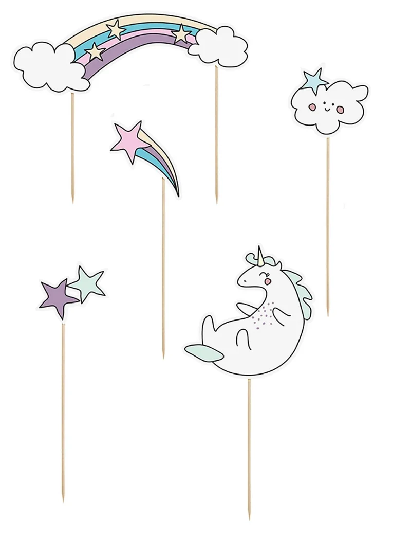 5 Tortendekorationen auf Spieß Einhorn und Regenbogen 23,5 cm