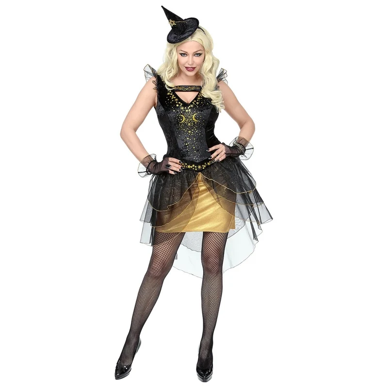 Halloween Kleid Schwarz Gold Damen Hexe
