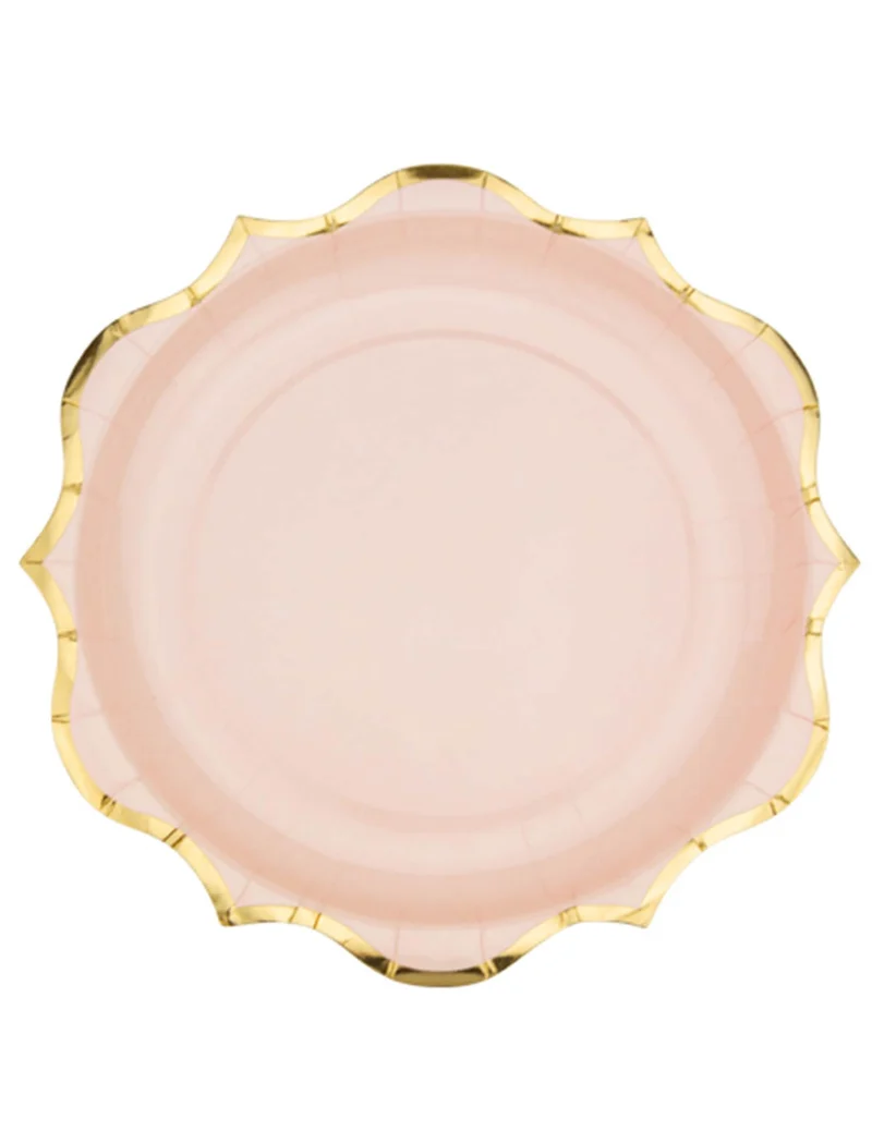 8 puderrosa Pappteller mit goldenen Rändern 23 cm