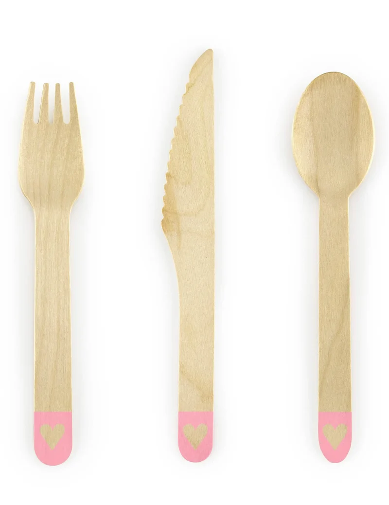 18 rosafarbene Holzbestecke mit Herz, 16 cm, Einweg