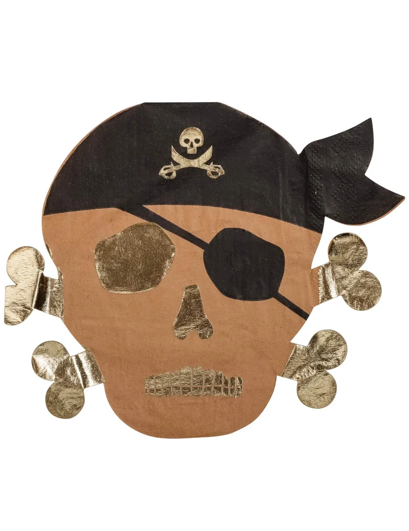 16 Piraten-Papierservietten Kraft und Goldprägung 26 cm Piratenkopf