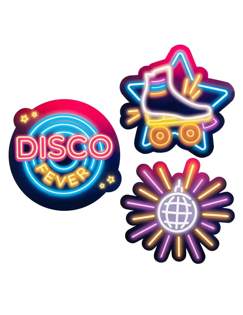 3 Disco Fever Karton-Dekorationen 29 x 30 cm Roller Skate und Discokugel