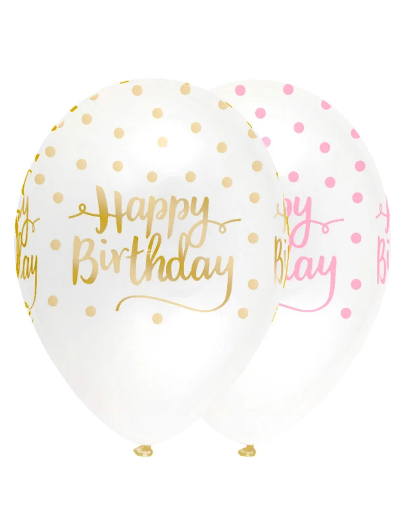 6 Happy Birthday Latexballons mit rosa und goldenen Punkten, 30 cm Durchmesser