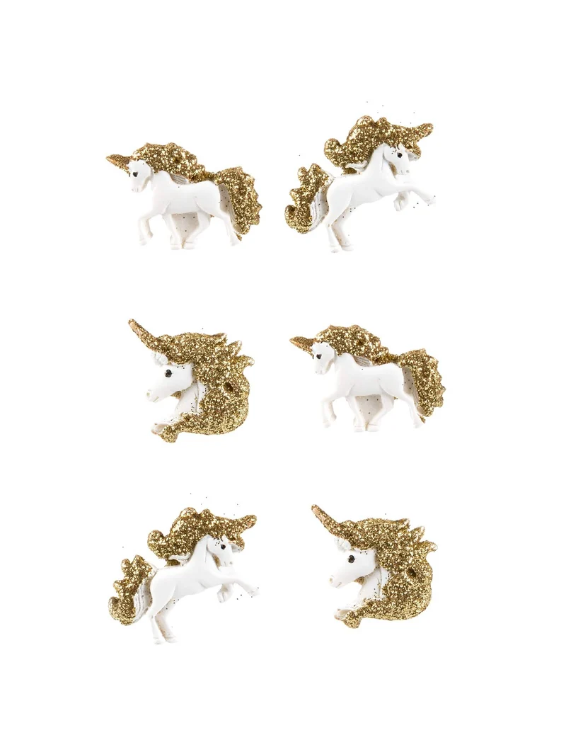 6 weiße selbstklebende Harz-Einhörner mit goldenem Glitzer 3 cm