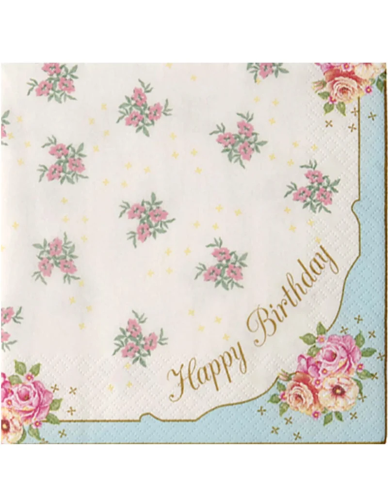 20 Happy Birthday Servietten aus Papier, Teeparty mit Freundinnen, rosa Blumen 33 x 33 cm