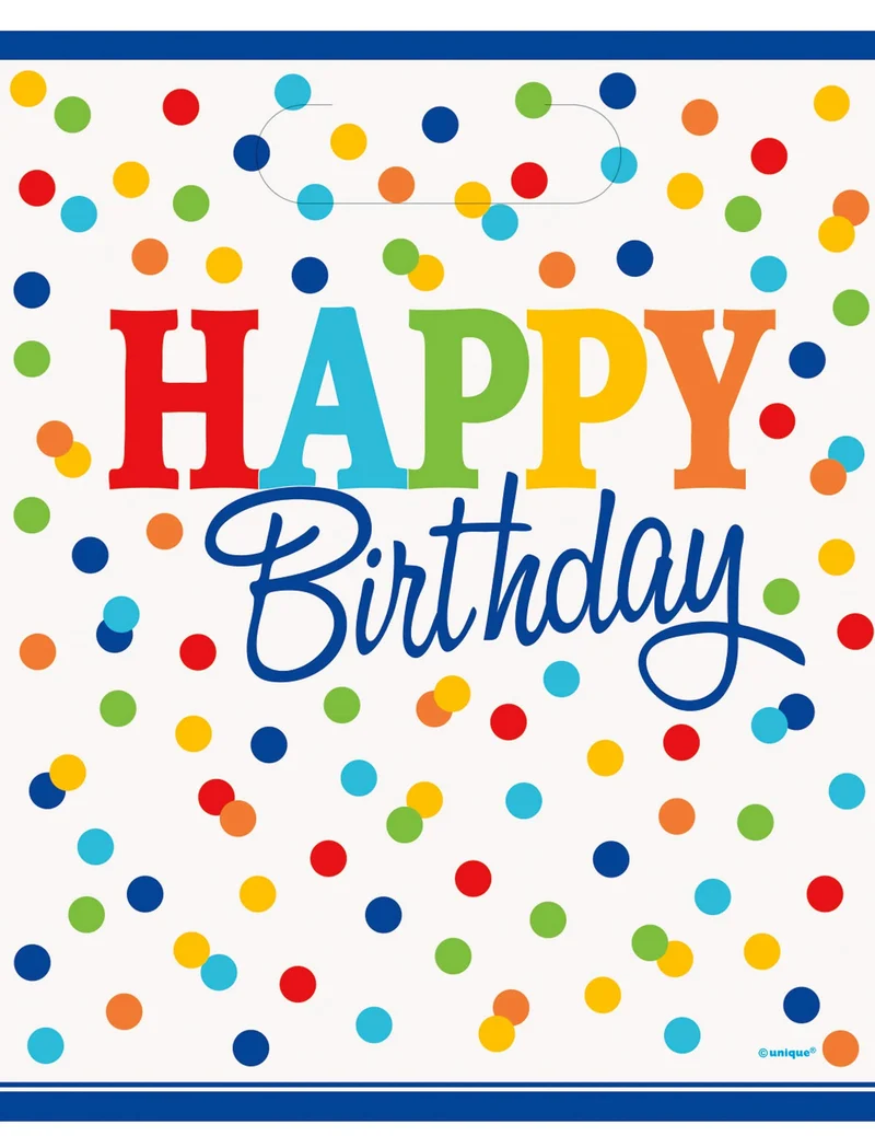 8 Happy Birthday Geschenktüten bunte Punkte aus Kunststoff mit Griffen