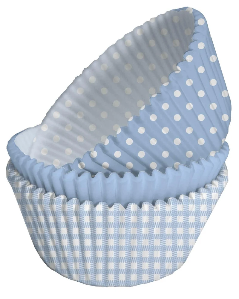 75 blaue Papier-Cupcake-Förmchen mit weißen Punkten 5 x 3 cm für Babyparty