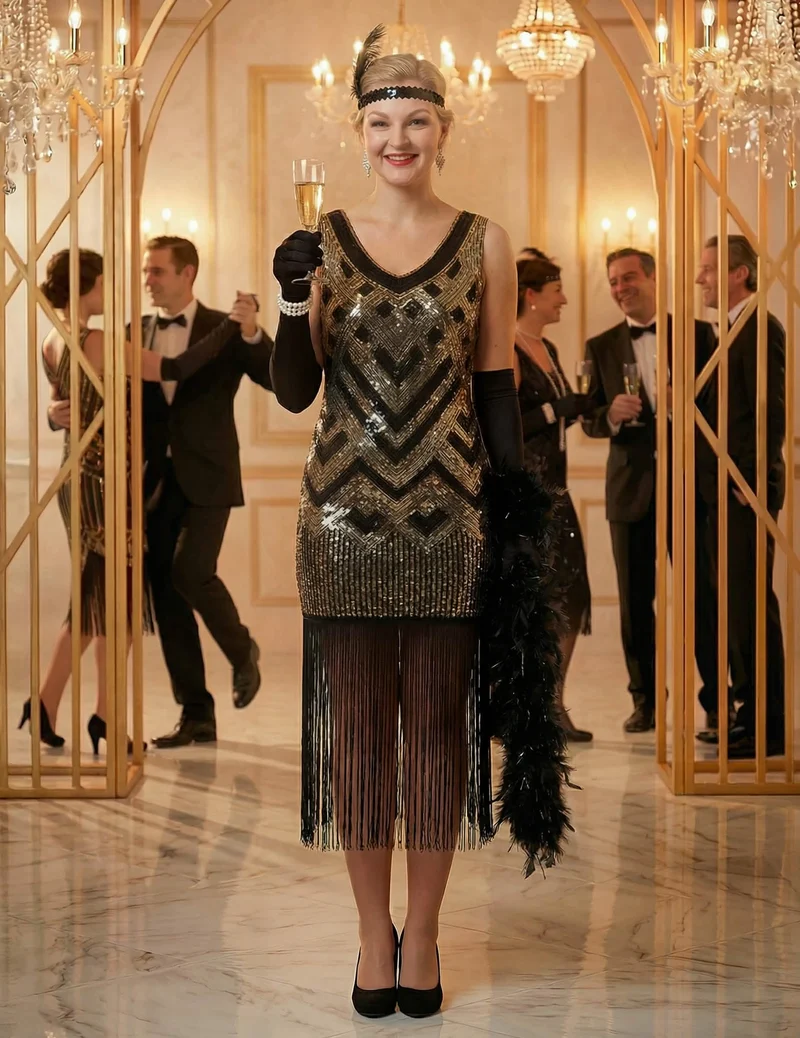 Luxus Charleston Kostüm für Damen in Schwarz und Gold mit Pailletten