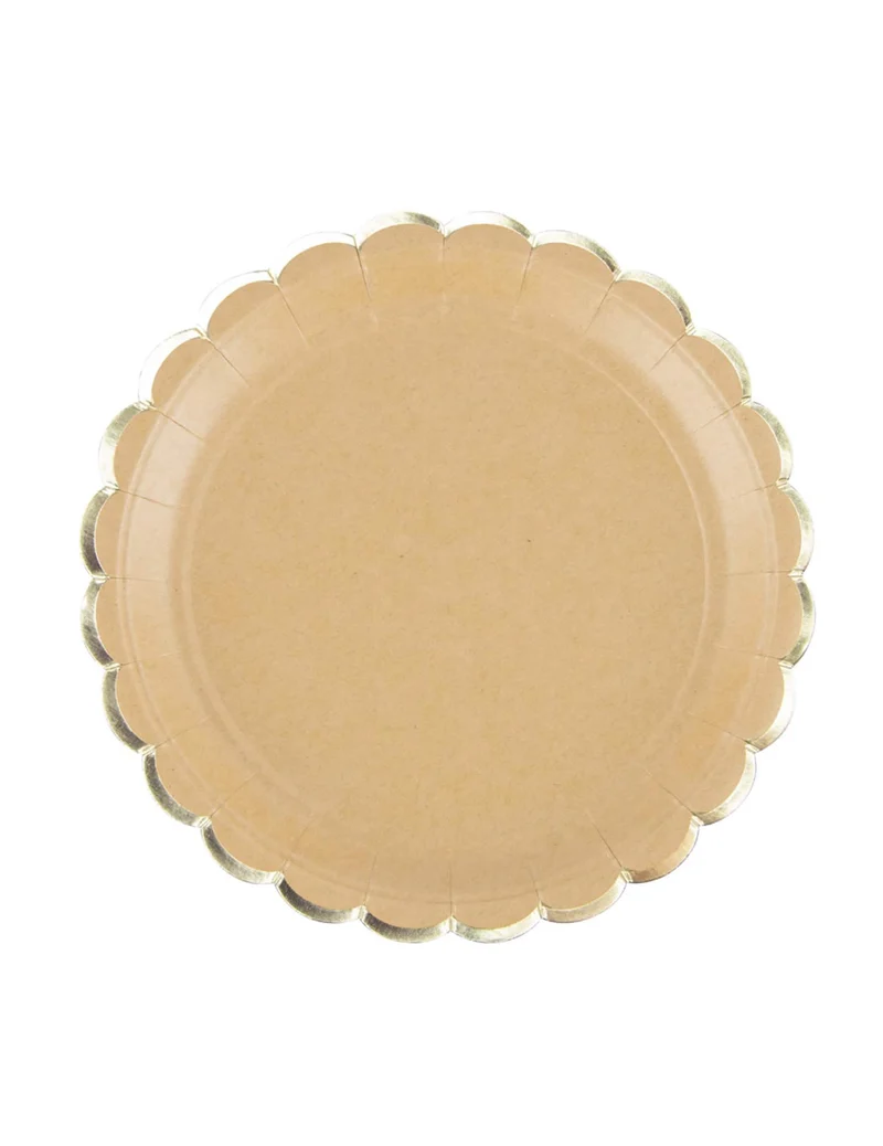 8 Pappteller mit Wellenrand Kraftpapier und Gold 23cm