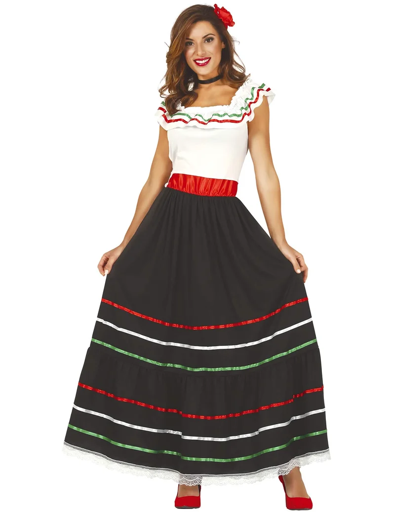 Mexiko-Damenkostüm Länder-Verkleidung für Fasching schwarz-weiss-rot