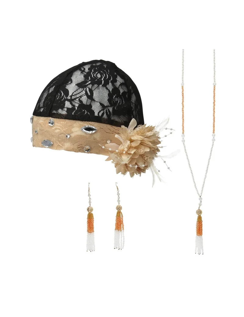 20er-Jahre Accessoire-Set für Fasching 3-teilig schwarz-beigefarben