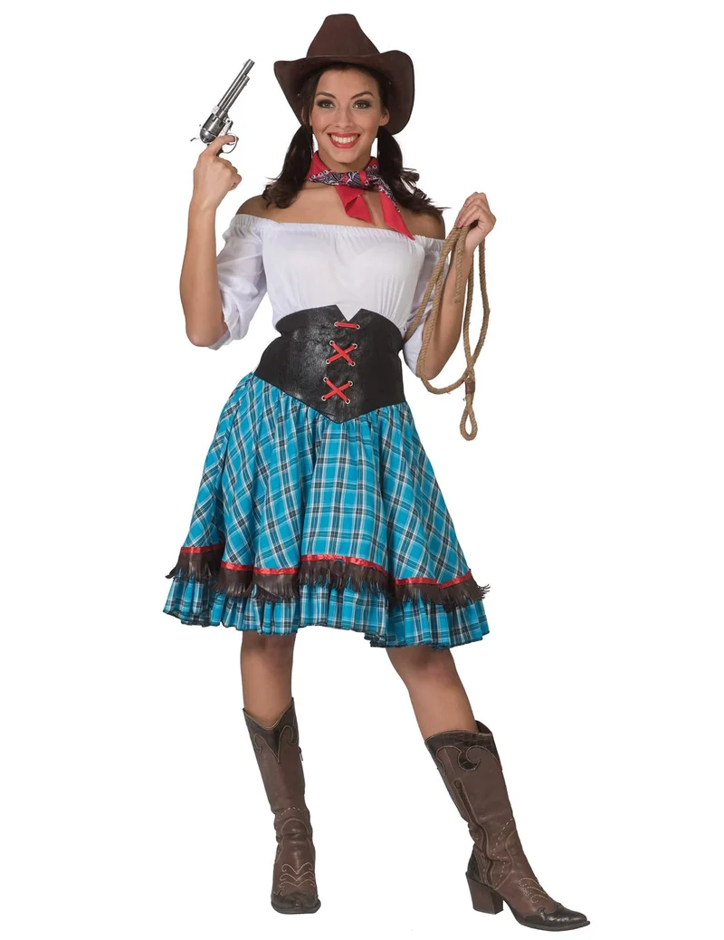 Cowgirl-Damenkostüm für eine Western-Party blau-braun